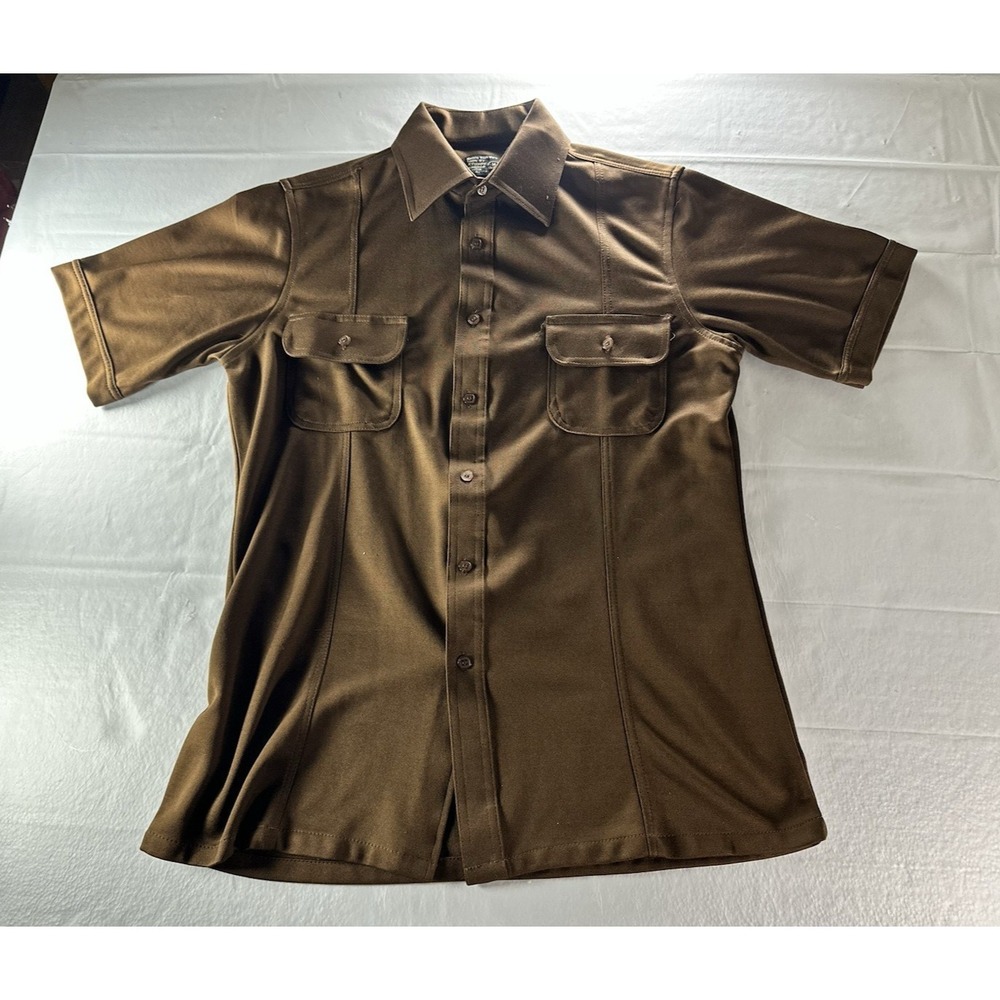 Vintage 1980s JCPenney Shirt Mens Medium Brown Polo Polyester Leisure Collared